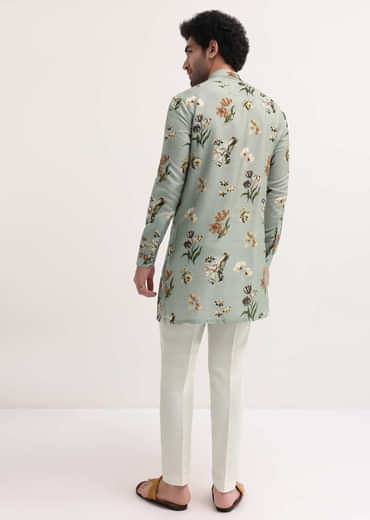 Grey Floral Printed Silk Short Kurta Set For Men