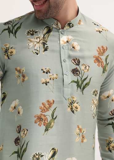 Grey Floral Printed Silk Short Kurta Set For Men