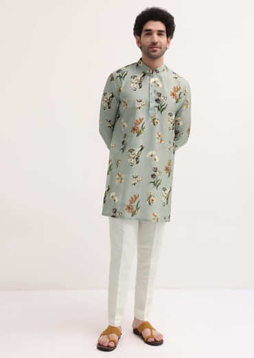 Grey Floral Printed Silk Short Kurta Set For Men
