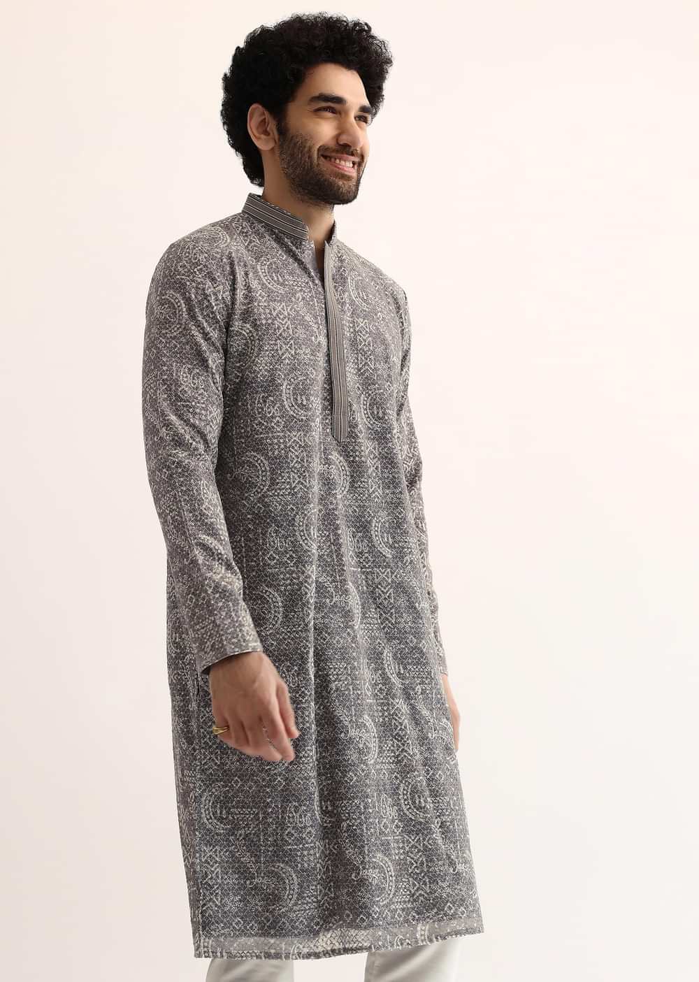 Grey Georgette Sequin Embroidered Kurta Set For Men