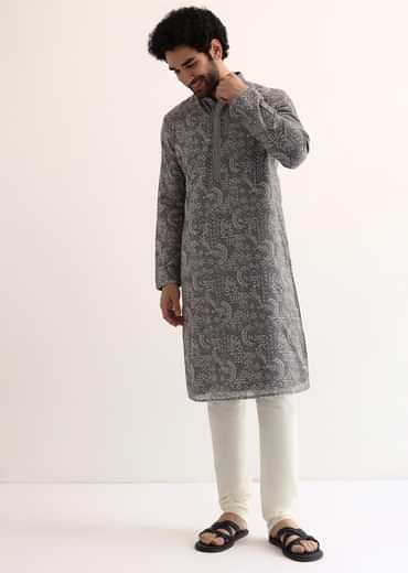Grey Georgette Sequin Embroidered Kurta Set For Men