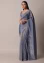 Grey Glass Tissue Saree With Mirror Work Border And Unstitched Blouse Piece