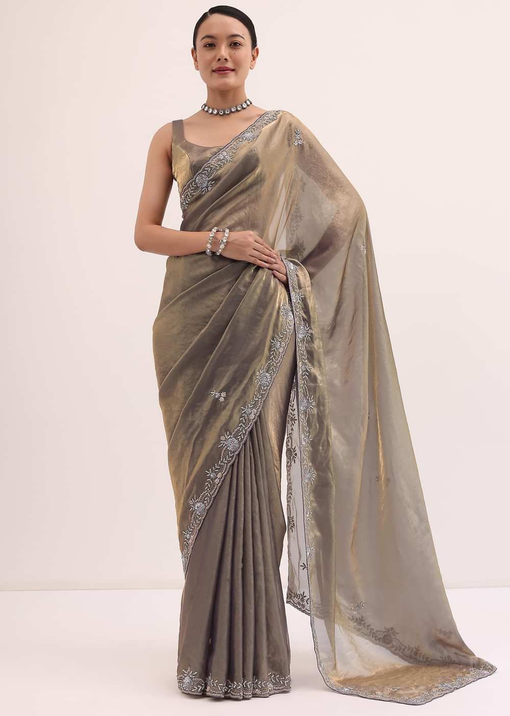 Grey Gold Satin Saree In Sequins With Unstitched Blouse