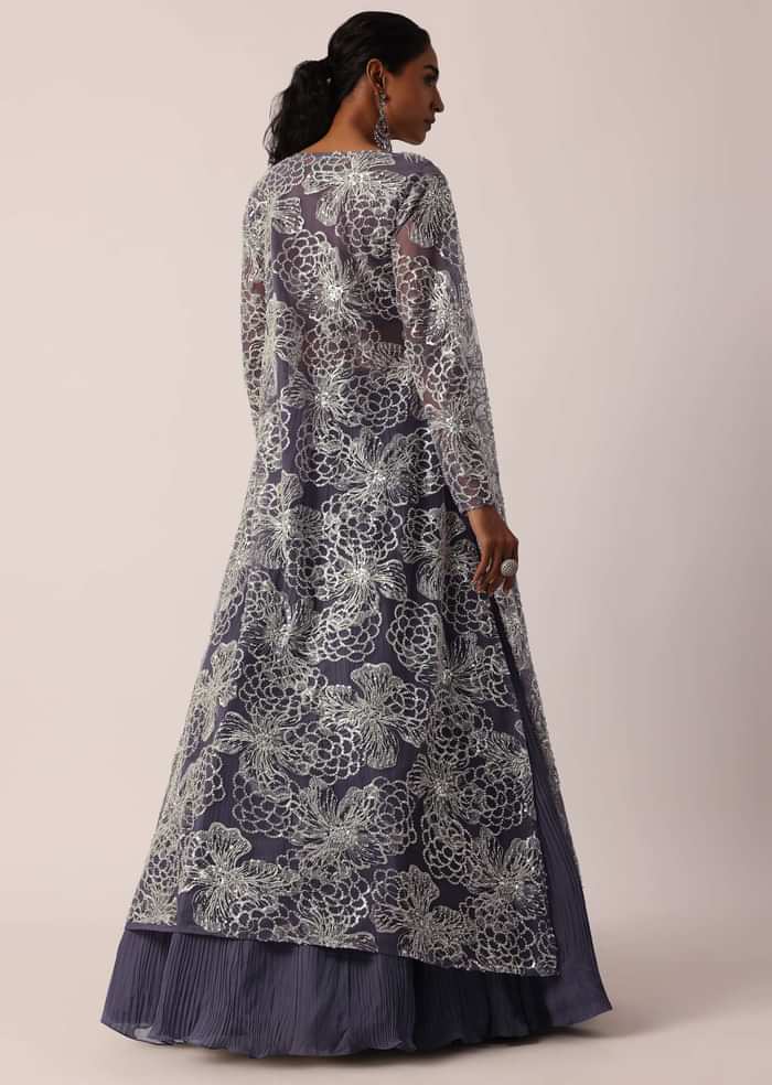 Grey Hand Embroidered Long Jacket And Lehenga Set