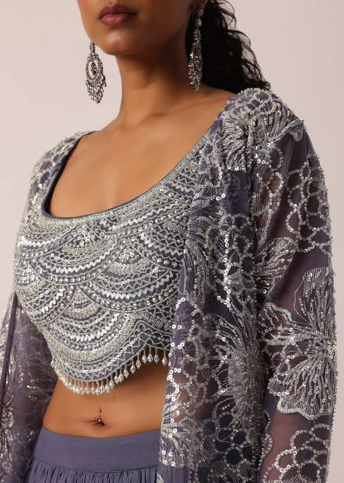 Grey Hand Embroidered Long Jacket And Lehenga Set