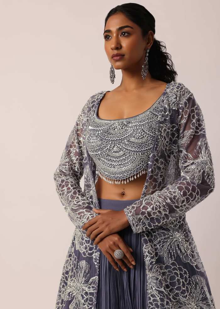 Grey Hand Embroidered Long Jacket And Lehenga Set