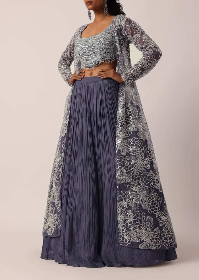 Grey Hand Embroidered Long Jacket And Lehenga Set
