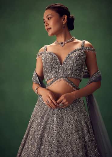 Grey Hand Embroidered Sequin Work Lehenga Set