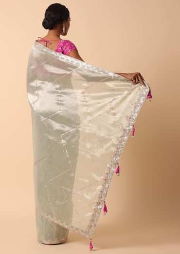 Grey Kora Silk Saree With Unstitched Blouse Fabric