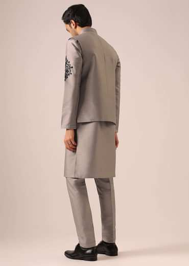 Grey Kurta And Jacket Set with Floral Hand Work And Beads