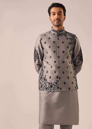 Grey Kurta And Jacket Set with Floral Hand Work And Beads