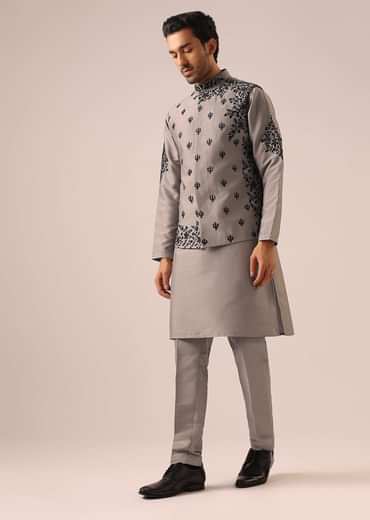 Grey Kurta And Jacket Set with Floral Hand Work And Beads