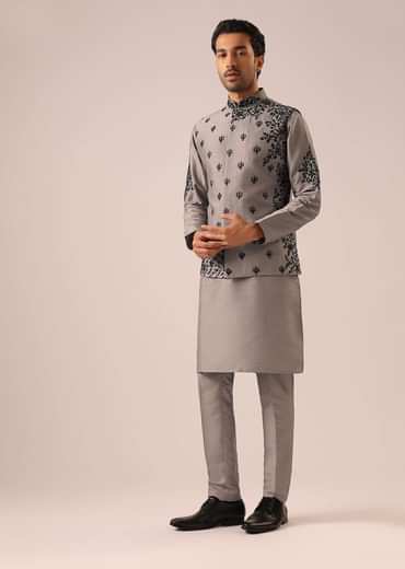 Grey Kurta And Jacket Set with Floral Hand Work And Beads