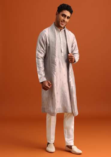 Grey Kurta Set In Raw Silk With Thread Work Dupatta