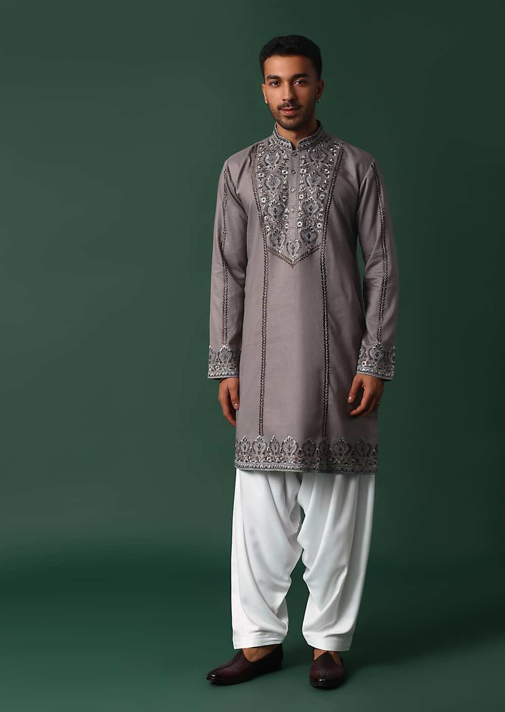 Grey Linen Kurta Set With Handwork Embroidery