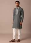 Grey Linen Kurta With Embroidered Yoke