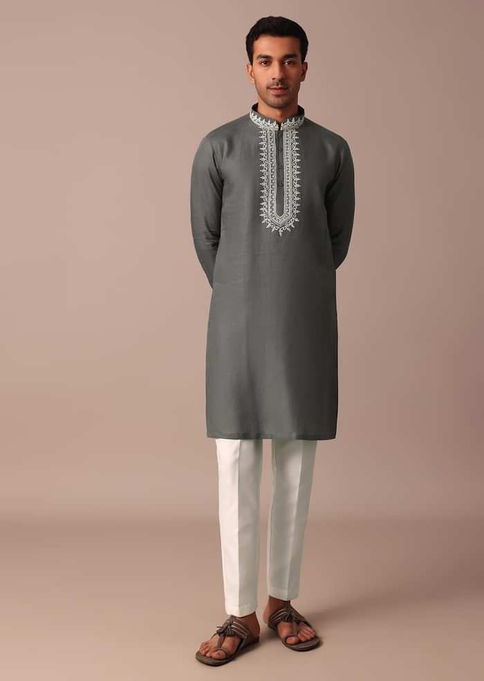 Grey Linen Kurta With Embroidered Yoke