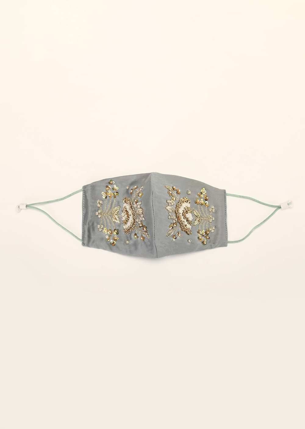Grey Mask In Silk With Moti And Zardosi Embroidered Floral Motif