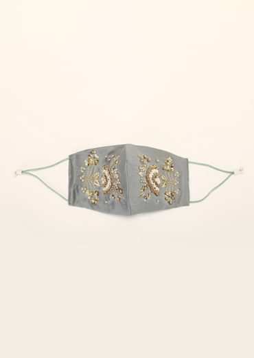Grey Mask In Silk With Moti And Zardosi Embroidered Floral Motif