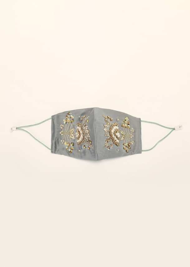 Grey Mask In Silk With Moti And Zardosi Embroidered Floral Motif