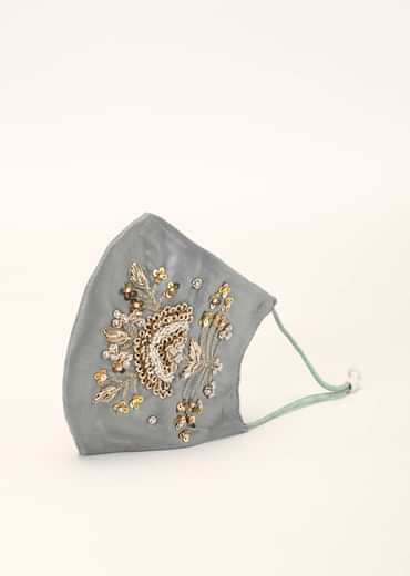 Grey Mask In Silk With Moti And Zardosi Embroidered Floral Motif