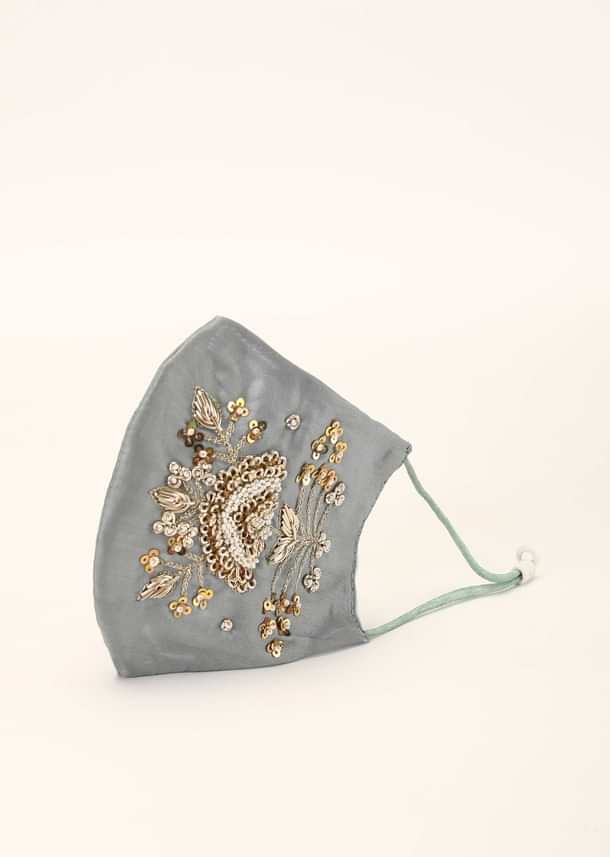 Grey Mask In Silk With Moti And Zardosi Embroidered Floral Motif