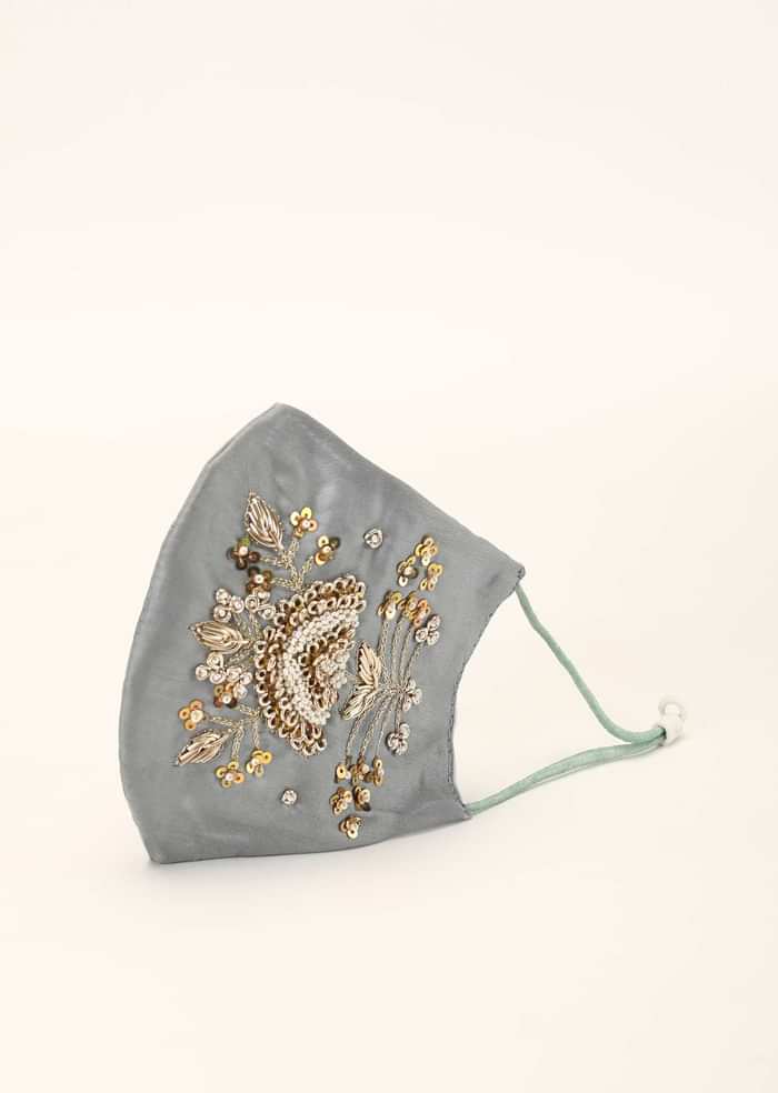 Grey Mask In Silk With Moti And Zardosi Embroidered Floral Motif