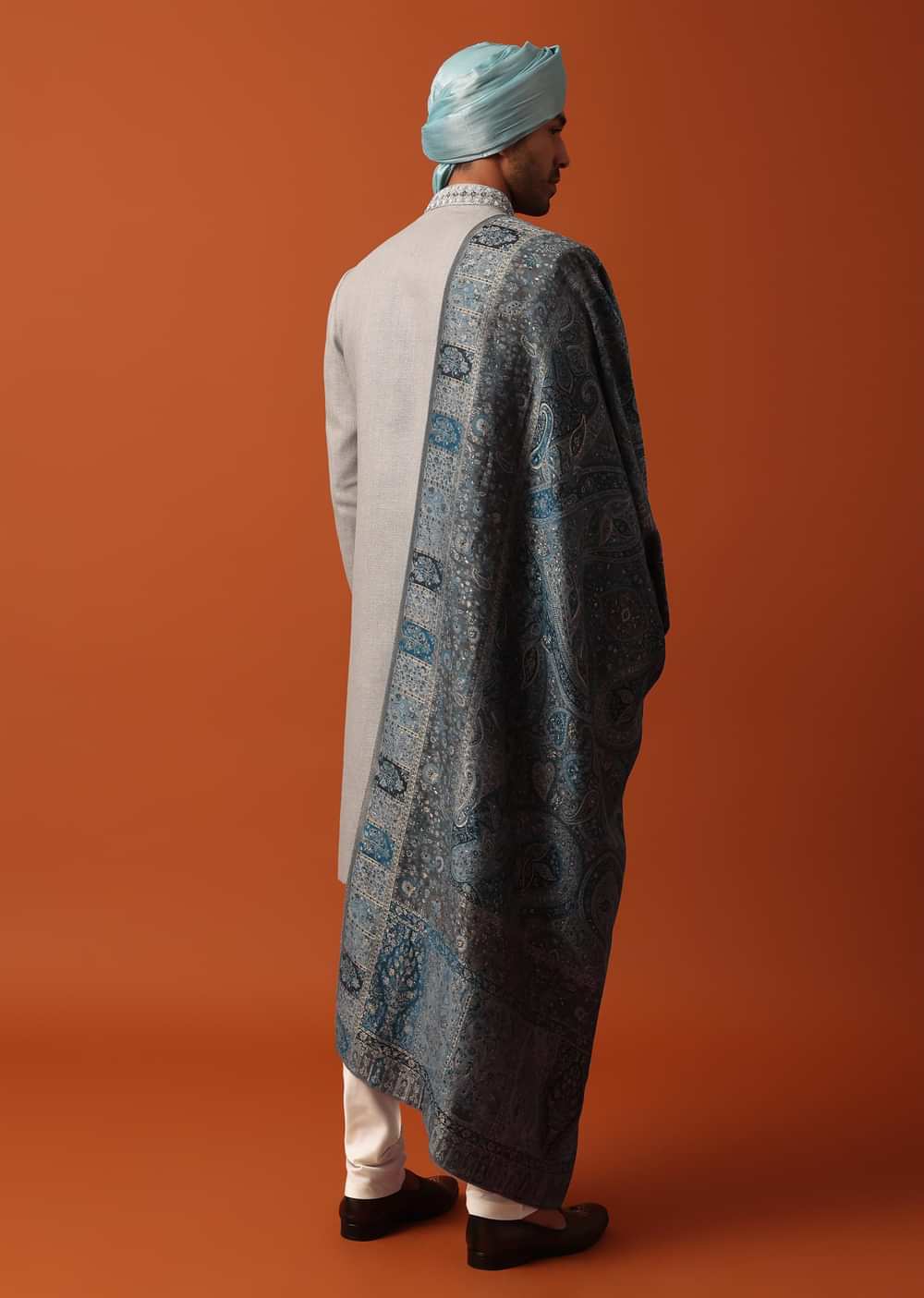 Grey Neckline Embroidered Sherwani Set With Pashmina Dupatta