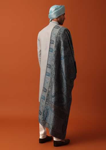 Grey Neckline Embroidered Sherwani Set With Pashmina Dupatta