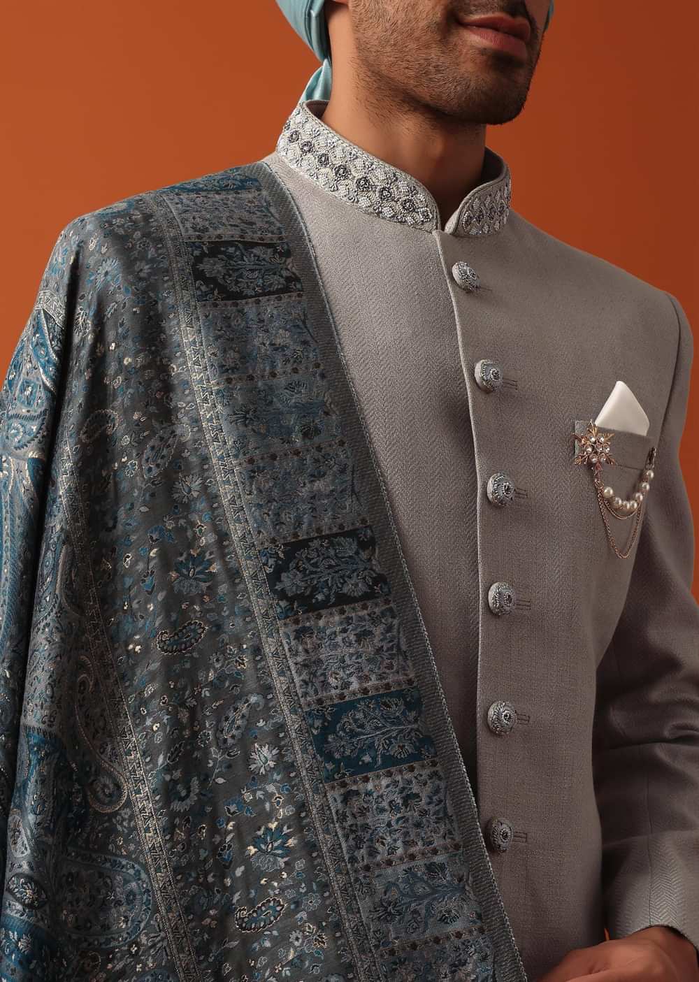 Grey Neckline Embroidered Sherwani Set With Pashmina Dupatta