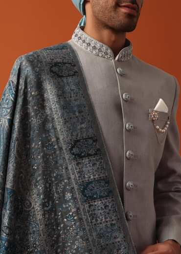Grey Neckline Embroidered Sherwani Set With Pashmina Dupatta