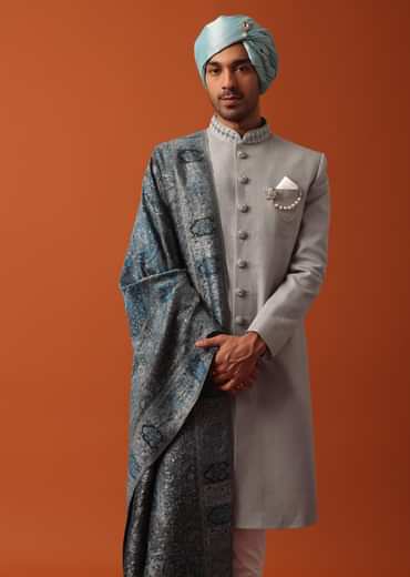 Grey Neckline Embroidered Sherwani Set With Pashmina Dupatta
