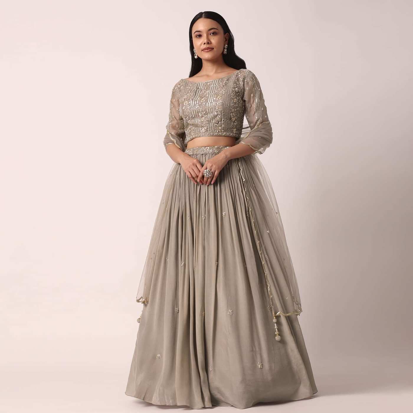 Grey Organza Embroidered Lehenga Set