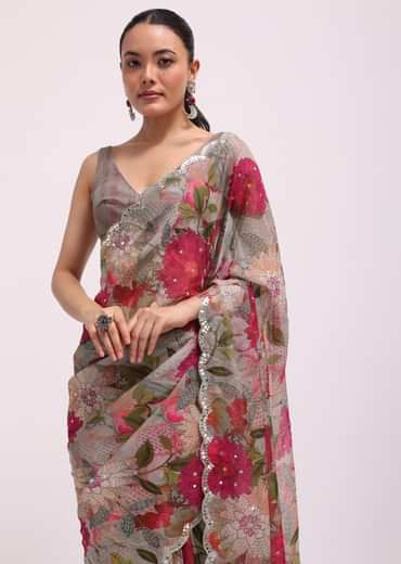 Grey Organza Floral Printed Saree With Unstitched Blouse