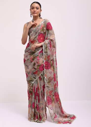 Grey Organza Floral Printed Saree With Unstitched Blouse