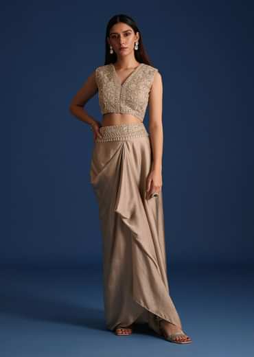 Grey Organza Jacket With Draped Skirt And Crop Top