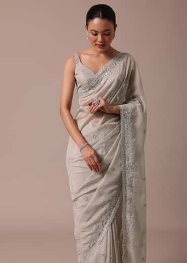 Grey Organza Saree With Unstitched Blouse
