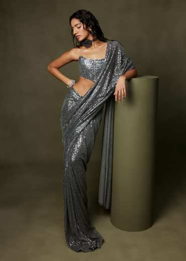 Grey Pleated Saree with A Corset Off-Shoulder Blouse