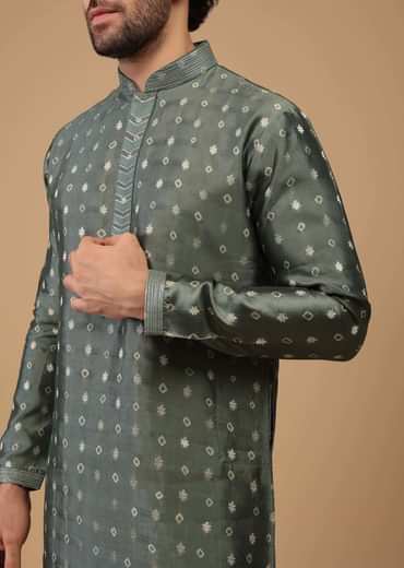 Grey Printed Handwoven Silk Kurta Set With Buttis