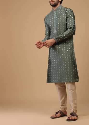 Grey Printed Handwoven Silk Kurta Set With Buttis