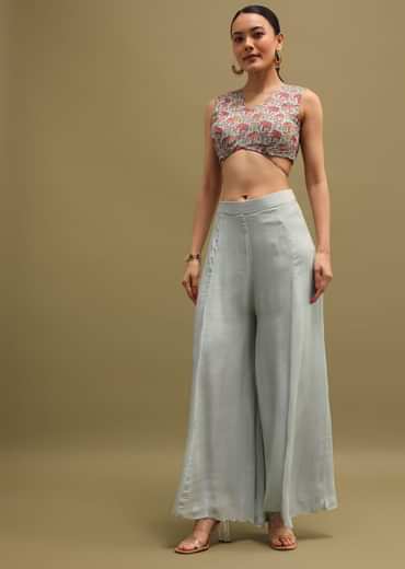 Grey Printed Organza Palazzo Set With Jacket