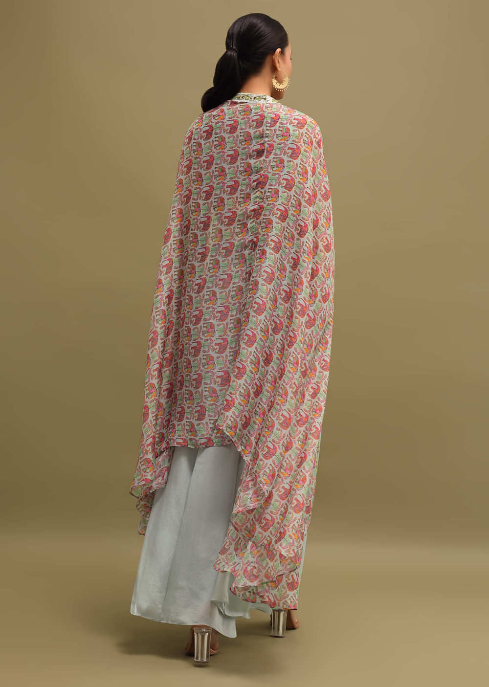 Grey Printed Organza Palazzo Set With Jacket
