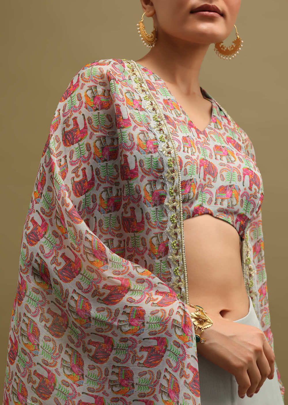 Grey Printed Organza Palazzo Set With Jacket
