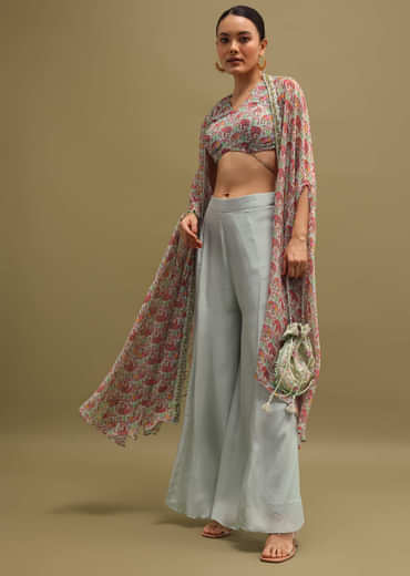 Grey Printed Organza Palazzo Set With Jacket