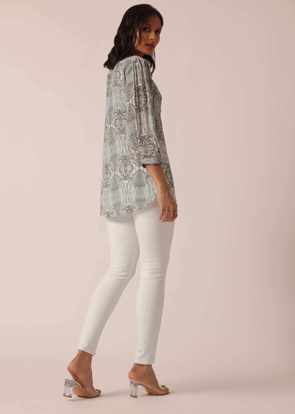 Grey Printed Short Kurta With Sequin Work