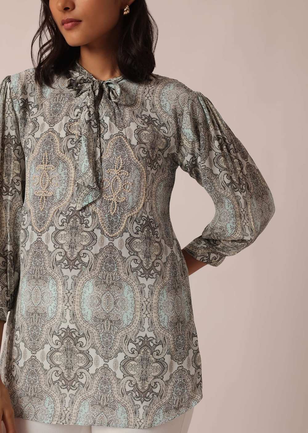 Grey Printed Short Kurta With Sequin Work