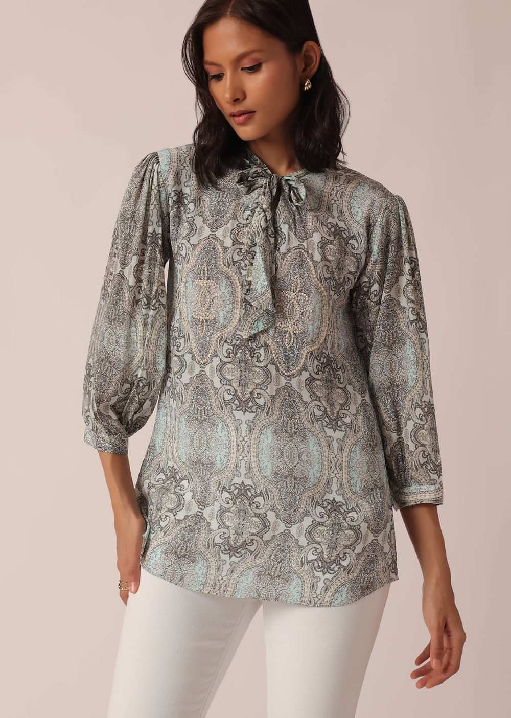 Grey Printed Short Kurta With Sequin Work