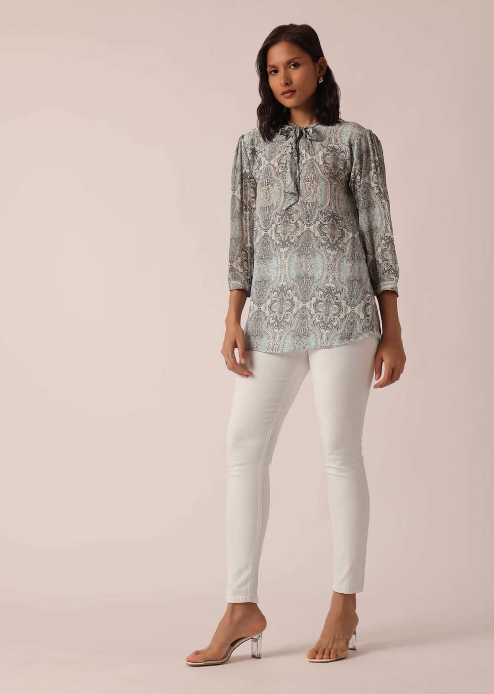 Grey Printed Short Kurta With Sequin Work