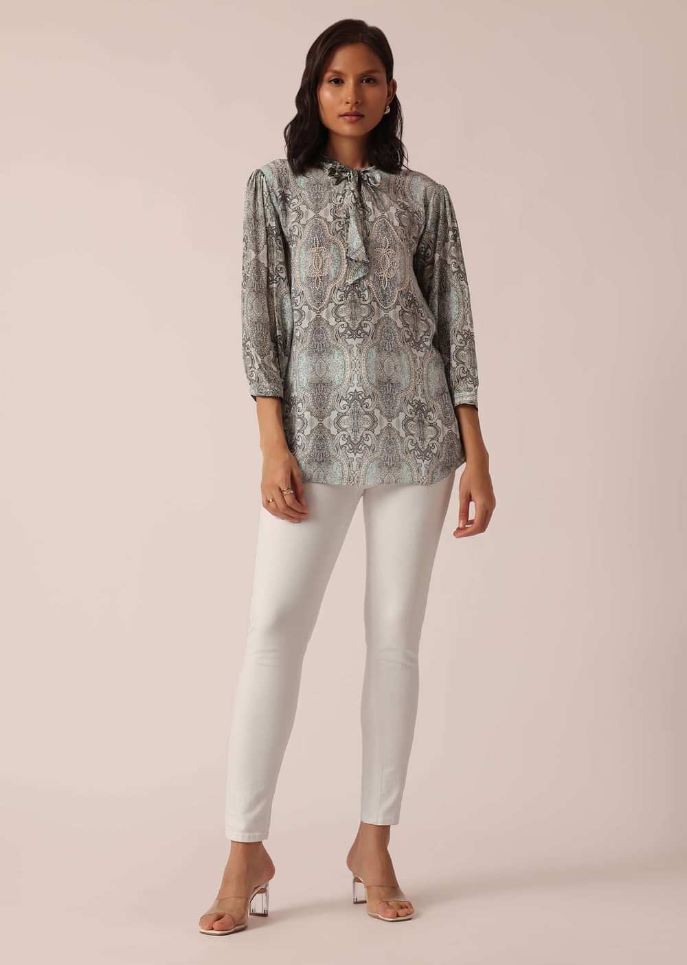Grey Printed Short Kurta With Sequin Work