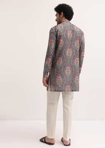 Grey Printed Silk Short Kurta Set For Men